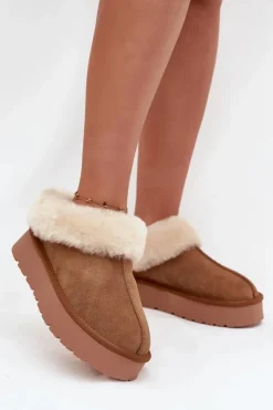 Boto Śniegowce Damskie*Skórzane Zamszowe Śniegowce Damskie Z Futerkiem Camel Mivelle Brązowy