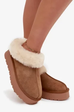 Boto Śniegowce Damskie*Skórzane Zamszowe Śniegowce Damskie Z Futerkiem Camel Mivelle Brązowy