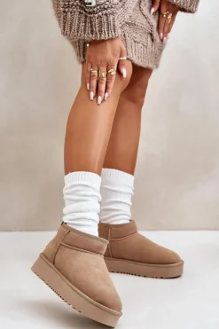 Damskie Boto Skórzane Zamszowe Śniegowce Na Platformie Beżowe Nereviana