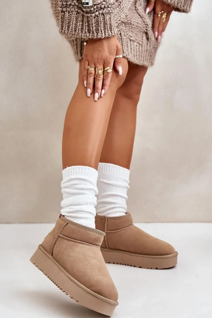 Damskie Boto Skórzane Zamszowe Śniegowce Na Platformie Beżowe Nereviana