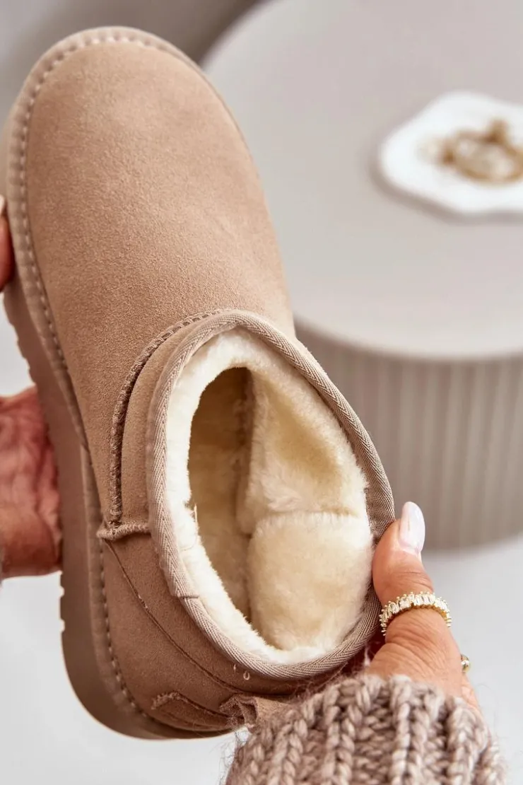 Damskie Boto Skórzane Zamszowe Śniegowce Na Platformie Beżowe Nereviana