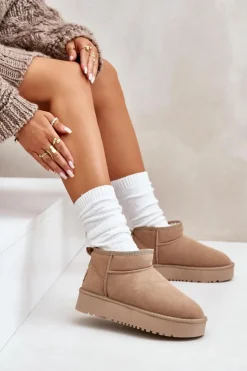 Damskie Boto Skórzane Zamszowe Śniegowce Na Platformie Beżowe Nereviana