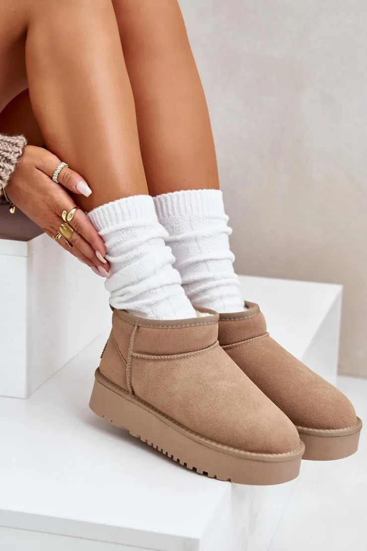 Damskie Boto Skórzane Zamszowe Śniegowce Na Platformie Beżowe Nereviana