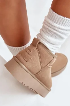 Damskie Boto Skórzane Zamszowe Śniegowce Na Platformie Beżowe Nereviana