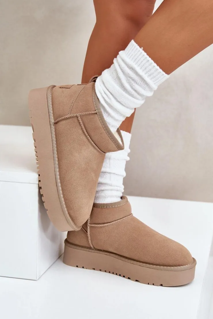 Damskie Boto Skórzane Zamszowe Śniegowce Na Platformie Beżowe Nereviana