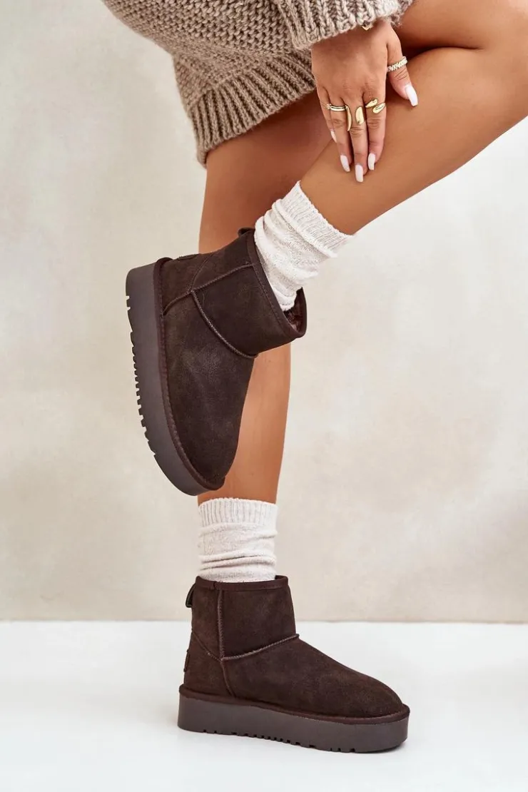 Discount Boto Skórzane Zamszowe Śniegowce Na Platformie Za Kostkę Brązowe Rianaella Brązowy