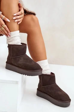 Discount Boto Skórzane Zamszowe Śniegowce Na Platformie Za Kostkę Brązowe Rianaella Brązowy