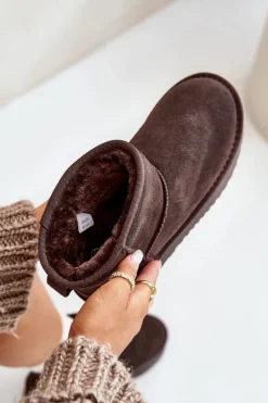 Discount Boto Skórzane Zamszowe Śniegowce Na Platformie Za Kostkę Brązowe Rianaella Brązowy