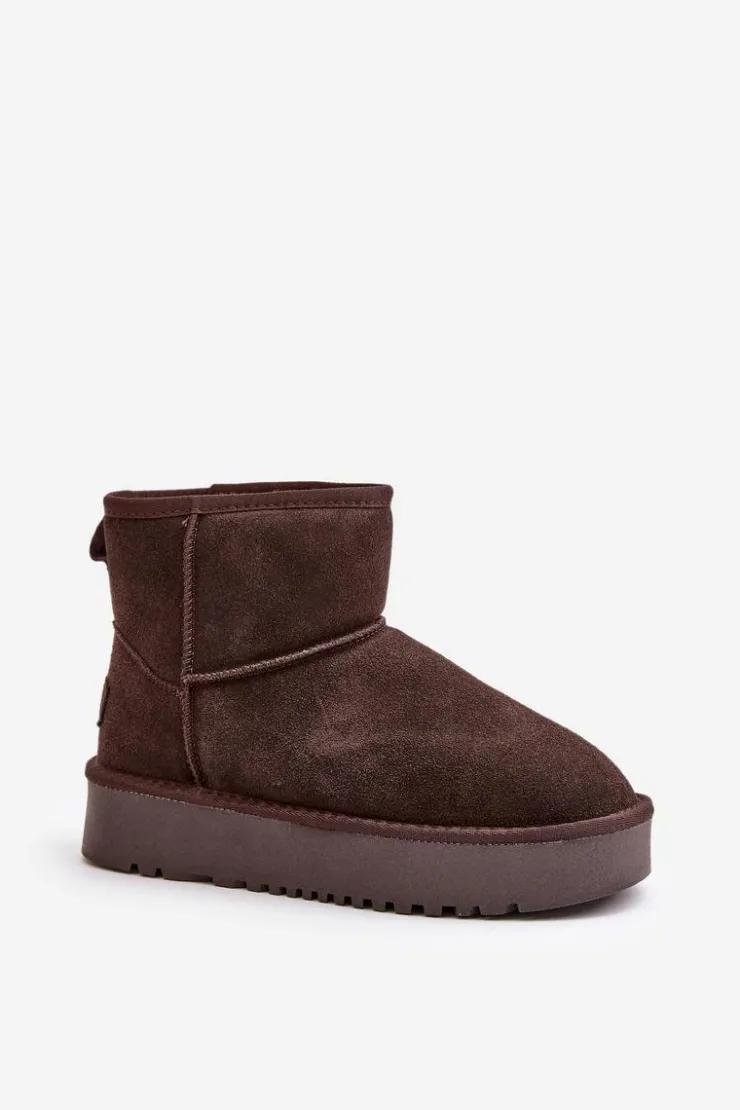 Discount Boto Skórzane Zamszowe Śniegowce Na Platformie Za Kostkę Brązowe Rianaella Brązowy