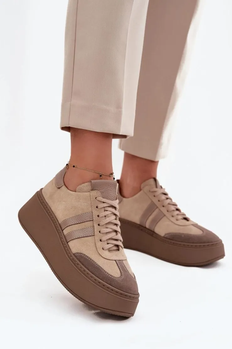 Discount Zazoo Skórzane Zamszowe Sneakersy Damskie Na Platformie 3775 Beżowe Beżowy