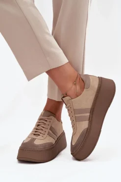 Discount Zazoo Skórzane Zamszowe Sneakersy Damskie Na Platformie 3775 Beżowe Beżowy