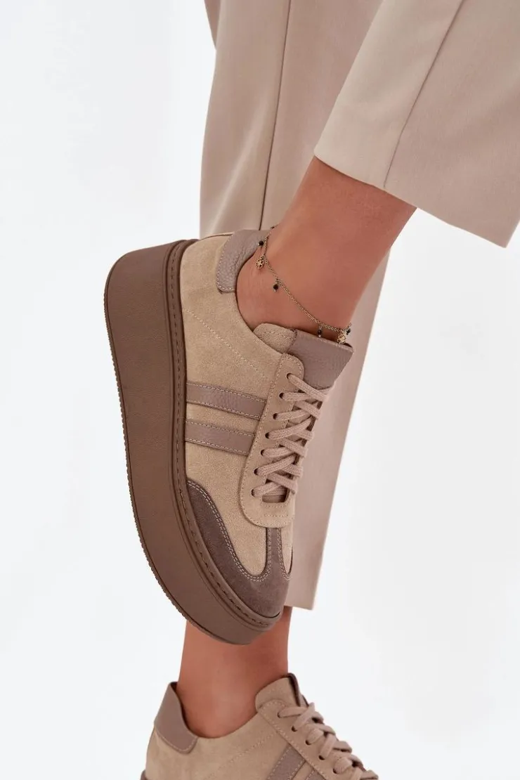 Discount Zazoo Skórzane Zamszowe Sneakersy Damskie Na Platformie 3775 Beżowe Beżowy