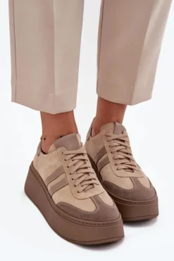 Discount Zazoo Skórzane Zamszowe Sneakersy Damskie Na Platformie 3775 Beżowe Beżowy