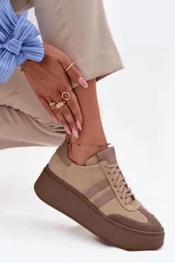 Discount Zazoo Skórzane Zamszowe Sneakersy Damskie Na Platformie 3775 Beżowe Beżowy