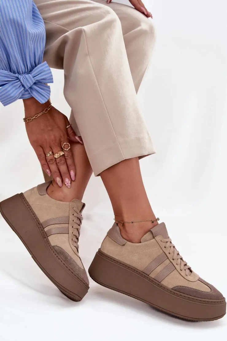 Discount Zazoo Skórzane Zamszowe Sneakersy Damskie Na Platformie 3775 Beżowe Beżowy