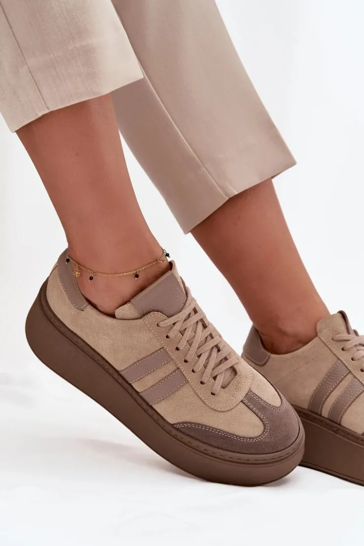 Discount Zazoo Skórzane Zamszowe Sneakersy Damskie Na Platformie 3775 Beżowe Beżowy