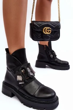 Damskie buty S.Barski Botki Ocieplane|Czarne Botki*Skórzane Zdobione Botki Na Płaskim Obcasie I Platformie S.Barski MR870-46 Czarne