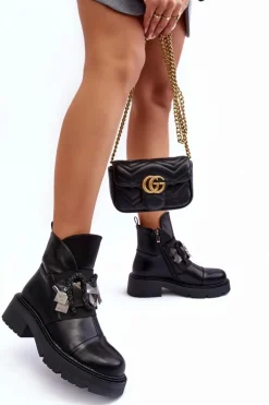 Damskie buty S.Barski Botki Ocieplane|Czarne Botki*Skórzane Zdobione Botki Na Płaskim Obcasie I Platformie S.Barski MR870-46 Czarne