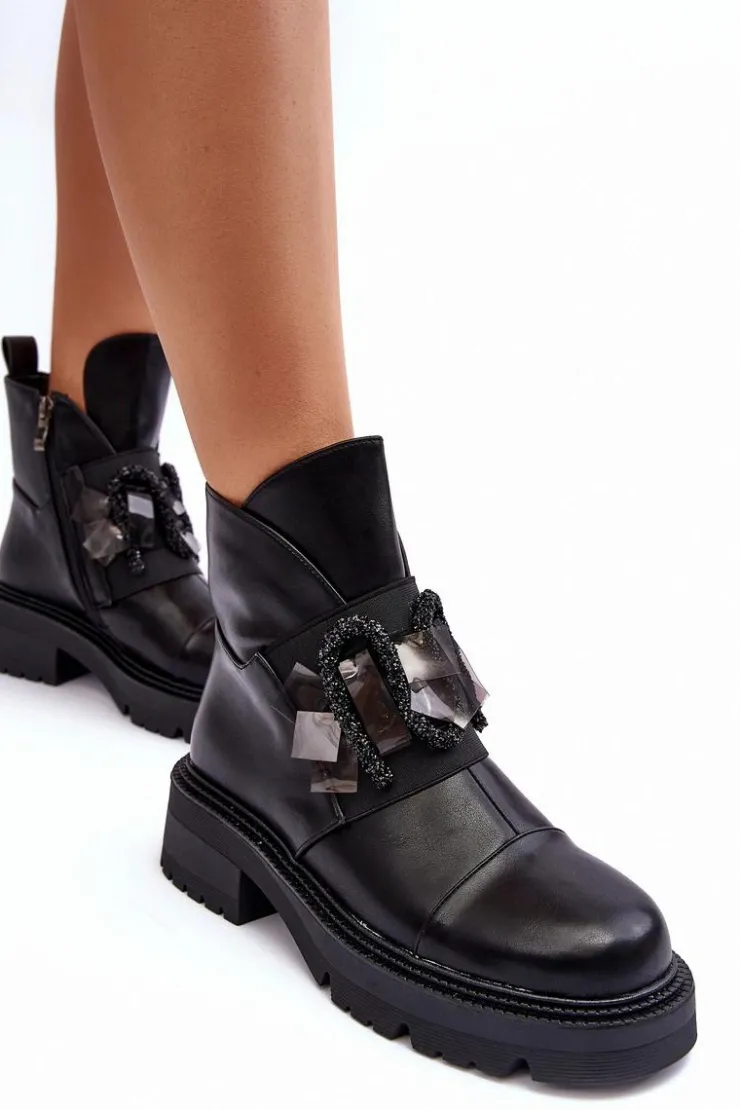 Damskie buty S.Barski Botki Ocieplane|Czarne Botki*Skórzane Zdobione Botki Na Płaskim Obcasie I Platformie S.Barski MR870-46 Czarne