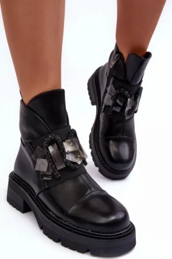 Damskie buty S.Barski Botki Ocieplane|Czarne Botki*Skórzane Zdobione Botki Na Płaskim Obcasie I Platformie S.Barski MR870-46 Czarne