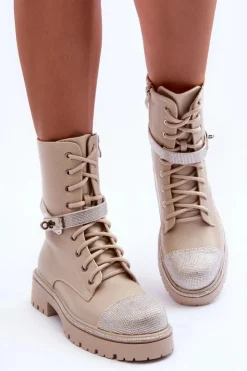 Damskie Boto Skórzane Zdobione Botki Workery Damskie Beżowe Totah