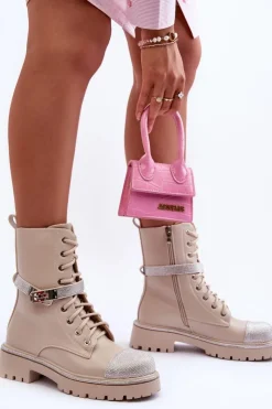 Damskie Boto Skórzane Zdobione Botki Workery Damskie Beżowe Totah