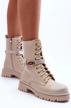 Damskie Boto Skórzane Zdobione Botki Workery Damskie Beżowe Totah