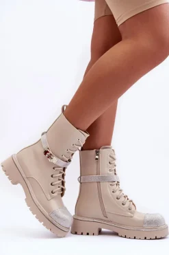 Damskie Boto Skórzane Zdobione Botki Workery Damskie Beżowe Totah