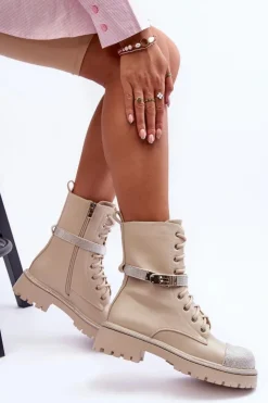 Damskie Boto Skórzane Zdobione Botki Workery Damskie Beżowe Totah