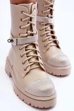 Damskie Boto Skórzane Zdobione Botki Workery Damskie Beżowe Totah