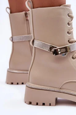 Damskie Boto Skórzane Zdobione Botki Workery Damskie Beżowe Totah