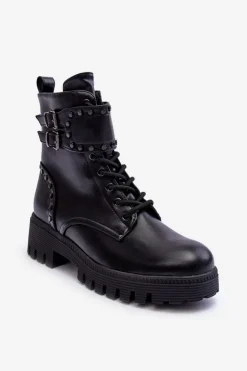 Hot Boto Skórzane Zdobione Botki Workery Czarne Carshena