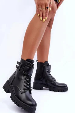 Hot Boto Skórzane Zdobione Botki Workery Czarne Carshena