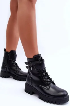 Hot Boto Skórzane Zdobione Botki Workery Czarne Carshena