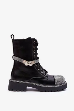 Damskie Boto Skórzane Zdobione Botki Workery Damskie Czarne Totah