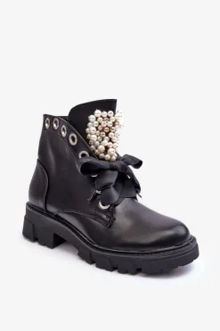 Clearance Boto Skórzane Zdobione Niskie Botki Na Płaskim Obcasie Czarne Binga