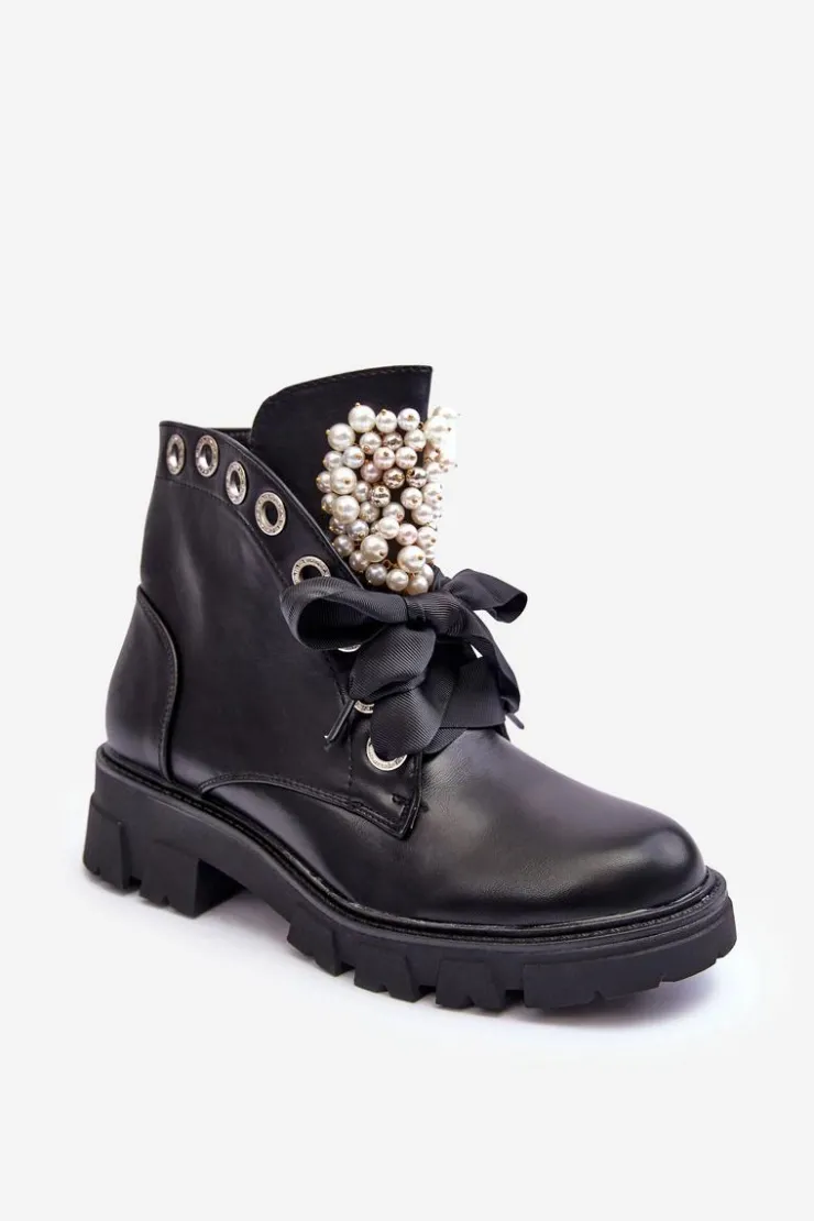 Clearance Boto Skórzane Zdobione Niskie Botki Na Płaskim Obcasie Czarne Binga