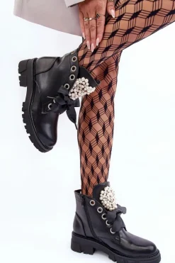 Clearance Boto Skórzane Zdobione Niskie Botki Na Płaskim Obcasie Czarne Binga