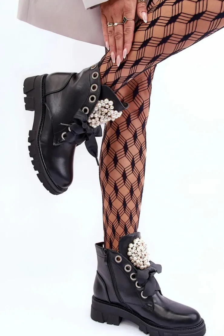 Clearance Boto Skórzane Zdobione Niskie Botki Na Płaskim Obcasie Czarne Binga