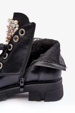 Clearance Boto Skórzane Zdobione Niskie Botki Na Płaskim Obcasie Czarne Binga