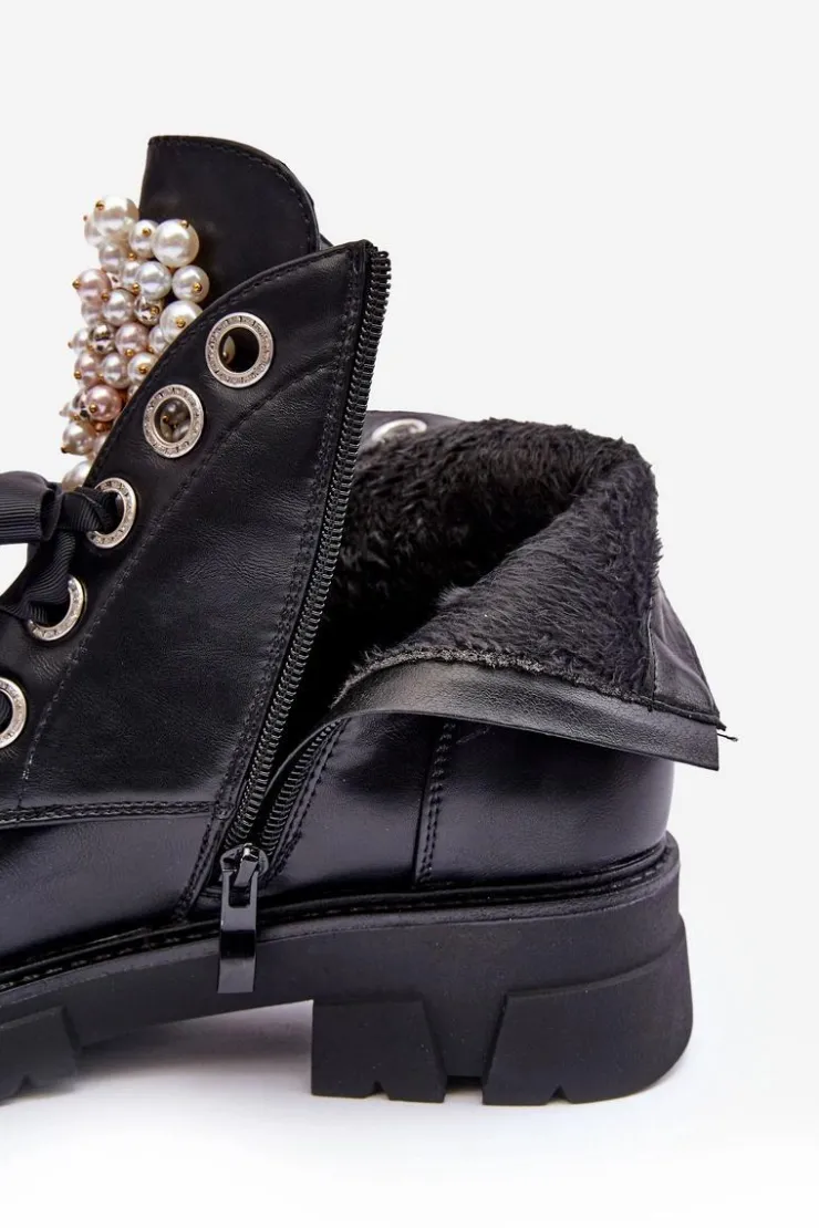 Clearance Boto Skórzane Zdobione Niskie Botki Na Płaskim Obcasie Czarne Binga