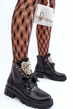 Clearance Boto Skórzane Zdobione Niskie Botki Na Płaskim Obcasie Czarne Binga