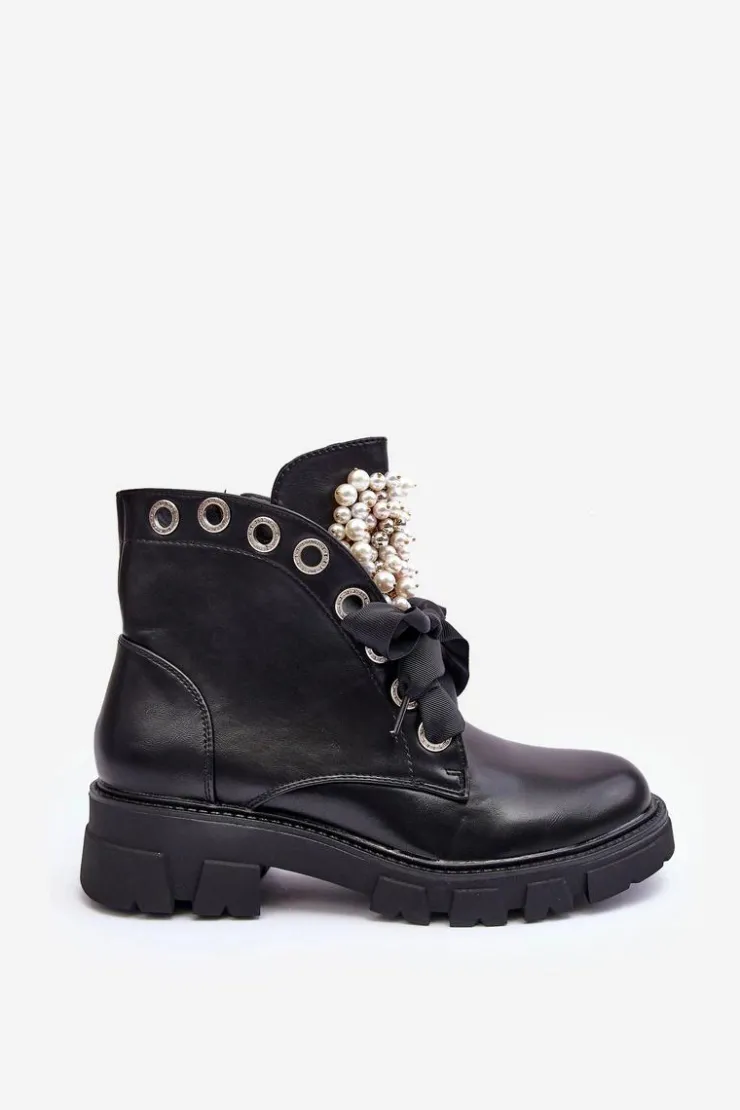 Clearance Boto Skórzane Zdobione Niskie Botki Na Płaskim Obcasie Czarne Binga