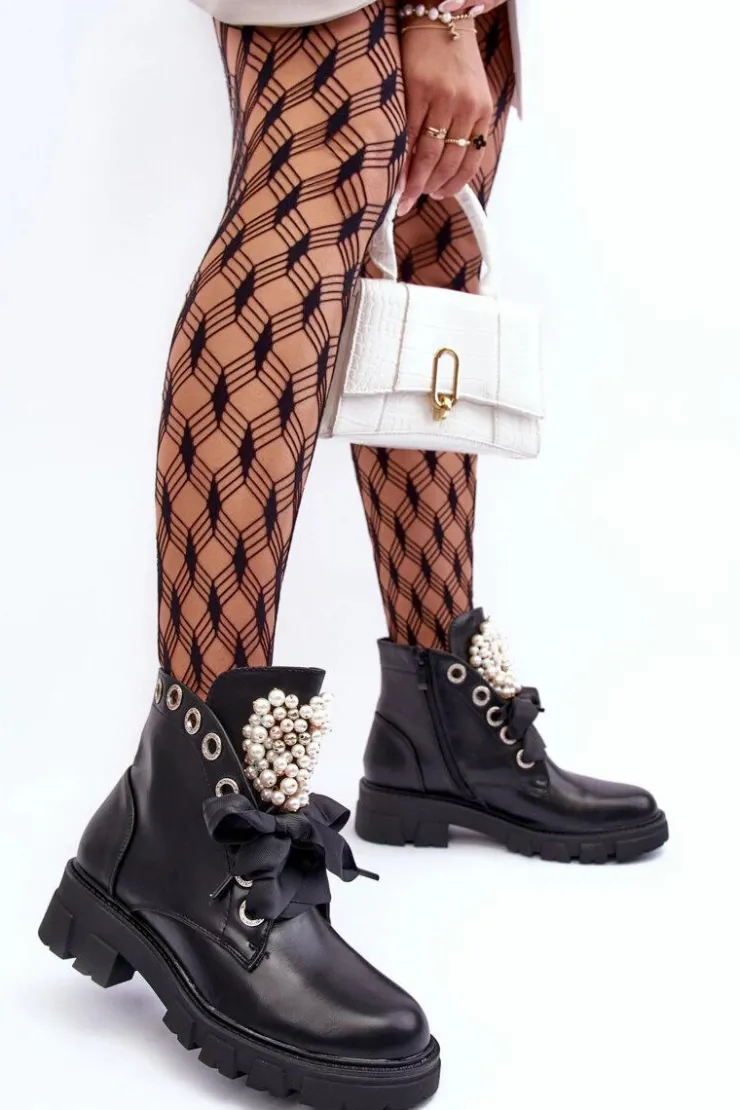 Clearance Boto Skórzane Zdobione Niskie Botki Na Płaskim Obcasie Czarne Binga