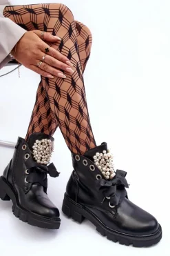 Clearance Boto Skórzane Zdobione Niskie Botki Na Płaskim Obcasie Czarne Binga