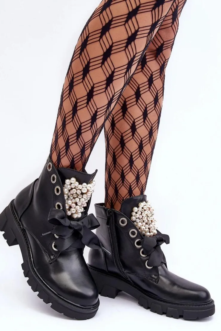 Clearance Boto Skórzane Zdobione Niskie Botki Na Płaskim Obcasie Czarne Binga