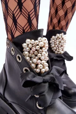 Clearance Boto Skórzane Zdobione Niskie Botki Na Płaskim Obcasie Czarne Binga