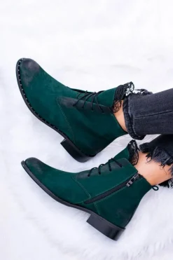 Hot Boto Skórzane Zielone Damskie Botki Z Koronką Millano
