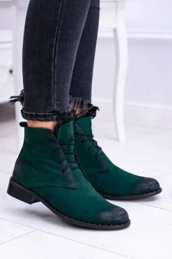 Hot Boto Skórzane Zielone Damskie Botki Z Koronką Millano