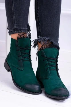 Hot Boto Skórzane Zielone Damskie Botki Z Koronką Millano